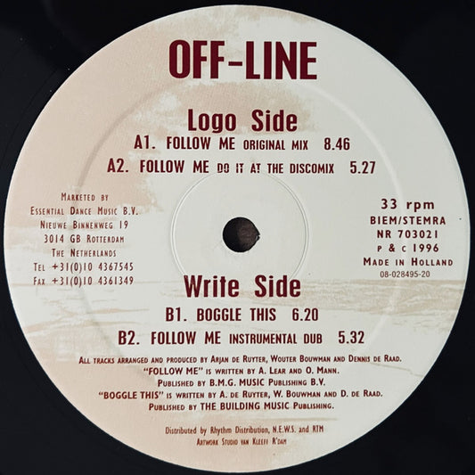 Second Hand OFF LINE – FOLLOW ME vinyl record with colorful album cover art, front view showing bold graphic design.