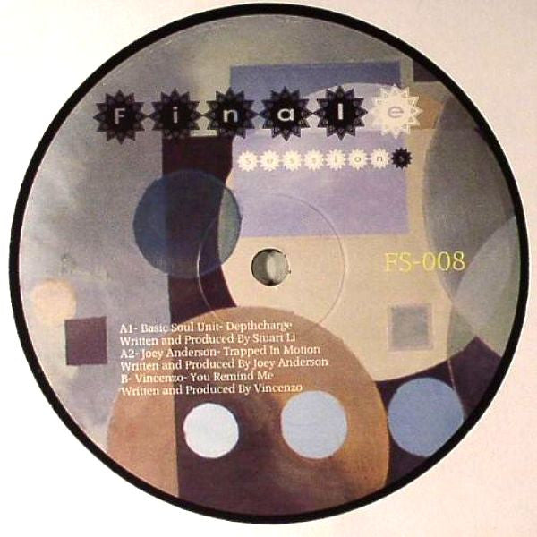 Vintage vinyl record titled "Finale Sessions #8" by Stuart Li, Joey Anderson, and Vincenzo, featuring colorful album artwork.