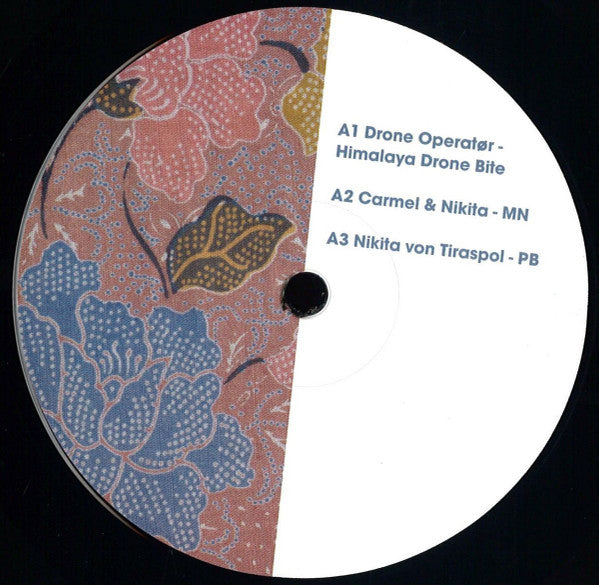 Vinyl record titled "DRONE OPERATØR" by Carmel, Nikita Von Tiraspol, Schönfeld, Kontrapunkt 01, with abstract cover art.