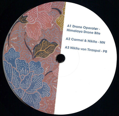 Vinyl record titled "DRONE OPERATØR" by Carmel, Nikita Von Tiraspol, Schönfeld, Kontrapunkt 01, with abstract cover art.