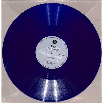 Syncrophone vinyl record ZKY LOVE TRAIN EP with colorful album cover art, featuring bold typography and vibrant design.