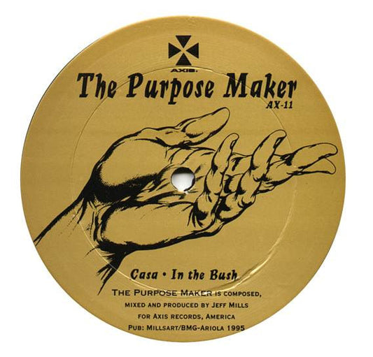 Second hand vinyl record of Jeff Mills’ "The Purpose Maker" featuring the album cover art and record label details.