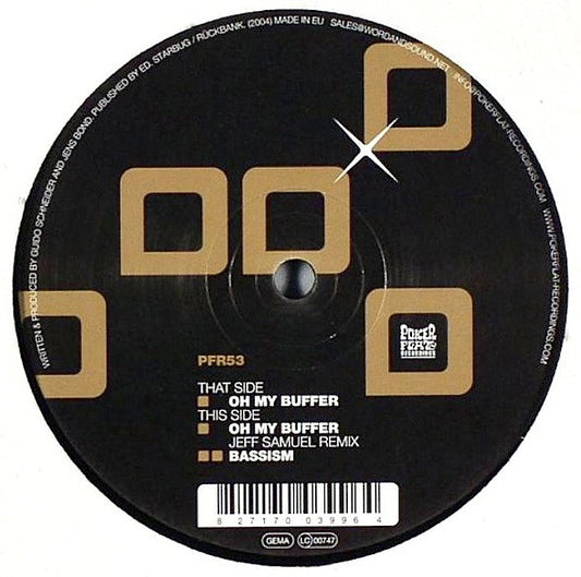 Second Hand vinyl record "Guido Schneider Meets Jens Bond – Oh My Buffer" featuring abstract artwork on the cover.