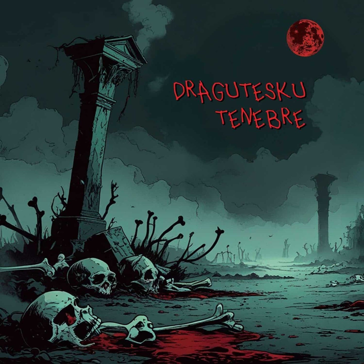Decks DRAGUTESKU TENEBRE vinyl record with dark artwork and label design, showcasing the album cover and spinning on a turntable.