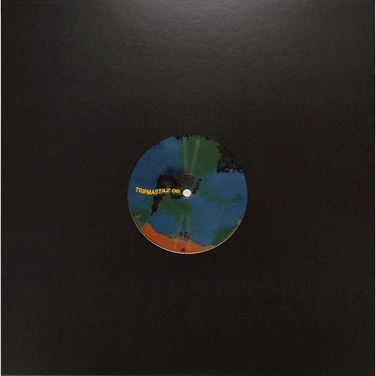 Black Round Twelve TRIPMASTAZ 08 vinyl record with colorful abstract label and minimalist design, front view.