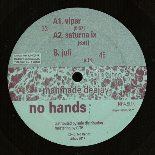 Vinyl record of MANMADE DEEJAY's INVITRO EP featuring colorful artwork and a sleek black surface.
