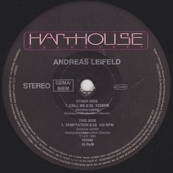 Vinyl record by Andreas Leifeld titled "Call Me / Temptation," second hand release with front cover art visible.