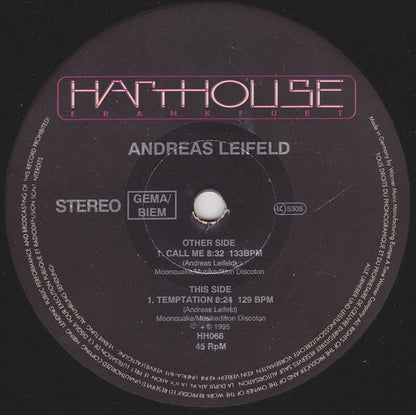 Vinyl record by Andreas Leifeld titled "Call Me / Temptation," second hand release with front cover art visible.