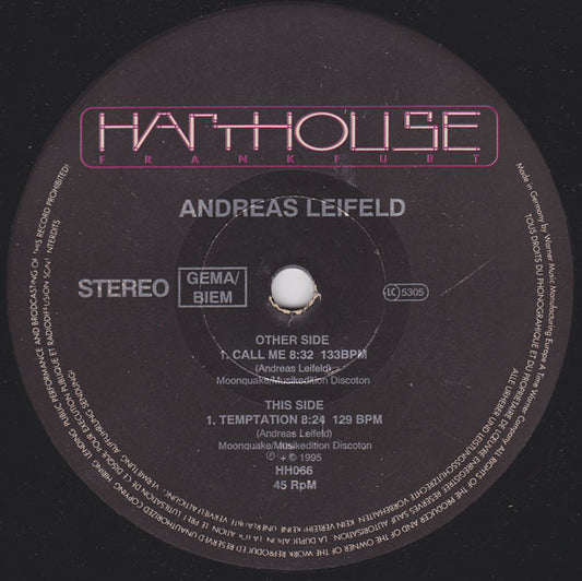 Vinyl record by Andreas Leifeld titled "Call Me / Temptation," second hand release with front cover art visible.
