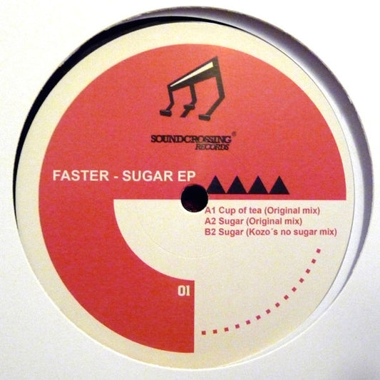 FASTER KOZO Sugar EP vinyl record cover featuring vibrant artwork and bold typography in a vintage style.